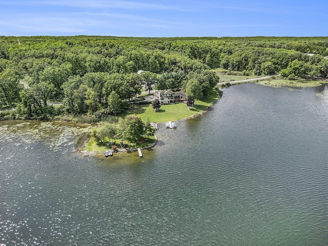 birds eye view of property featuring a wooded view and a water view