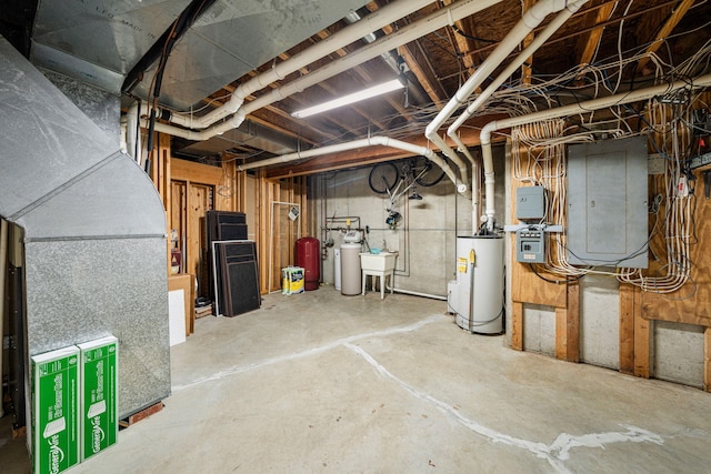 unfinished basement with a sink, heating unit, electric panel, and water heater