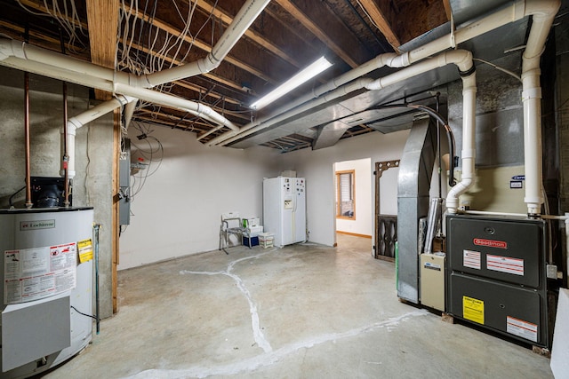 unfinished below grade area with white refrigerator with ice dispenser and water heater