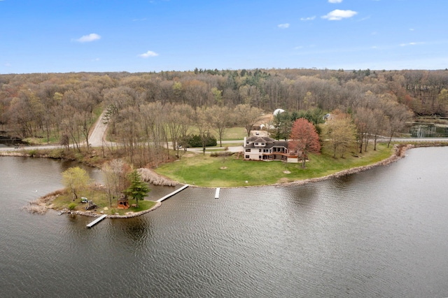 birds eye view of property with a view of trees and a water view