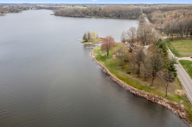 birds eye view of property with a water view and a view of trees