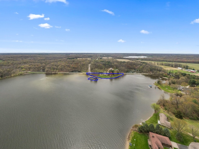 birds eye view of property with a water view and a wooded view