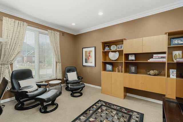 6264 Wildwood Ln, West Bloomfield, MI 48324 - living area with crown molding, carpet floors, baseboards, and recessed lighting
