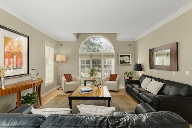6264 Wildwood Ln, West Bloomfield, MI 48324 - living room with ornamental molding, wood finished floors, and baseboards