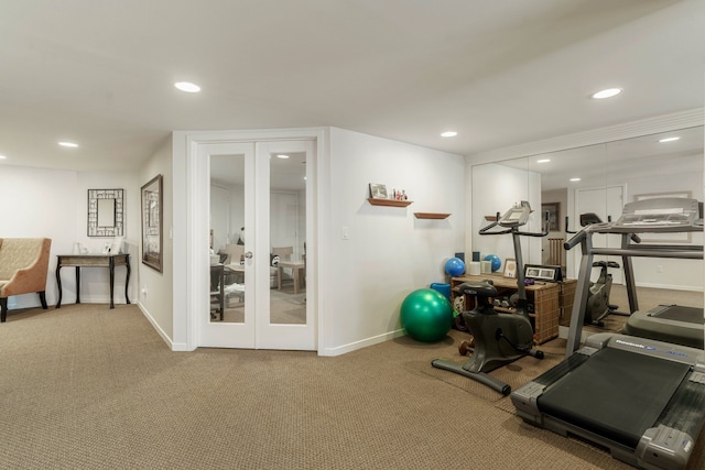 6264 Wildwood Ln, West Bloomfield, MI 48324 - exercise room featuring french doors, carpet, recessed lighting, and baseboards