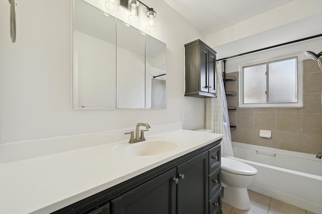 full bath featuring vanity, tile patterned floors, toilet, and shower / bathtub combination with curtain