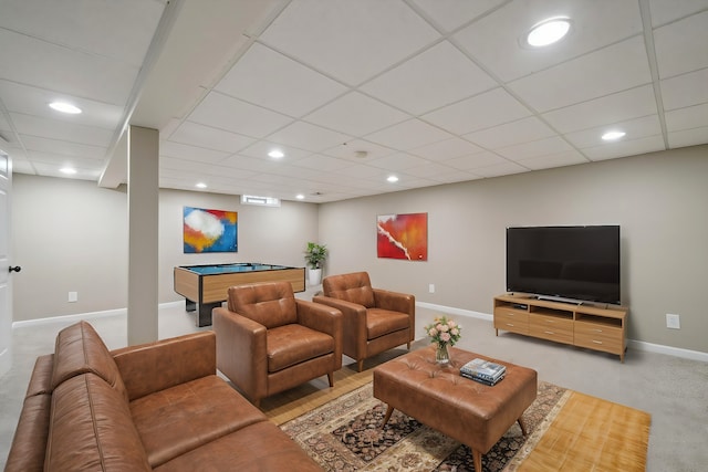 living area with recessed lighting, a drop ceiling, baseboards, and pool table