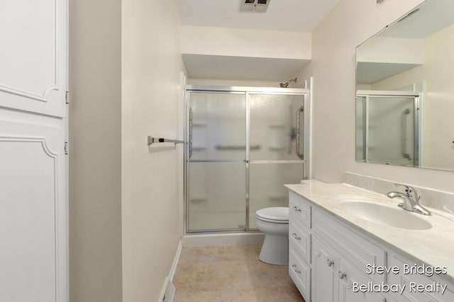 full bath with visible vents, baseboards, toilet, a stall shower, and vanity