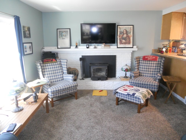 living area with a wood stove and carpet flooring