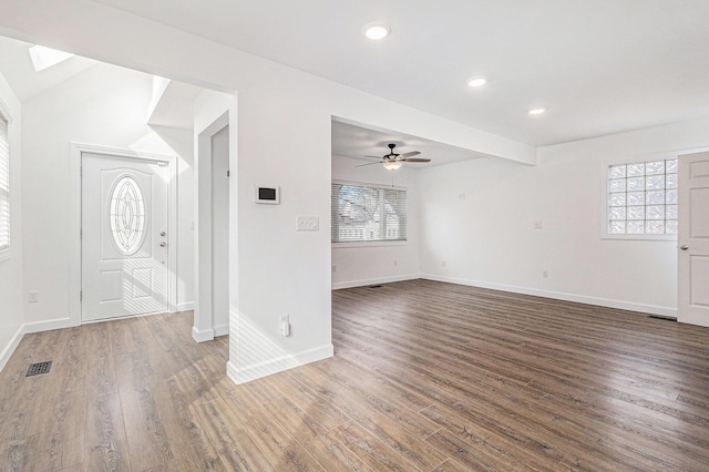 entryway featuring wood finished floors, baseboards, visible vents, recessed lighting, and ceiling fan