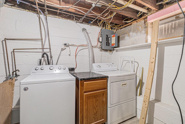 laundry room with washing machine and dryer, electric panel, and cabinet space