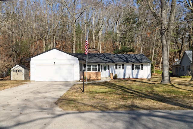 ranch-style house with a front lawn, an attached garage, and driveway