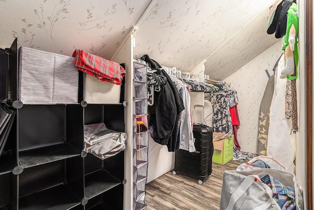 spacious closet featuring vaulted ceiling and wood finished floors