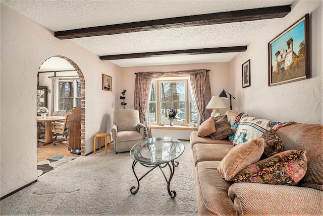 living area featuring beam ceiling, a textured ceiling, carpet, and a textured wall