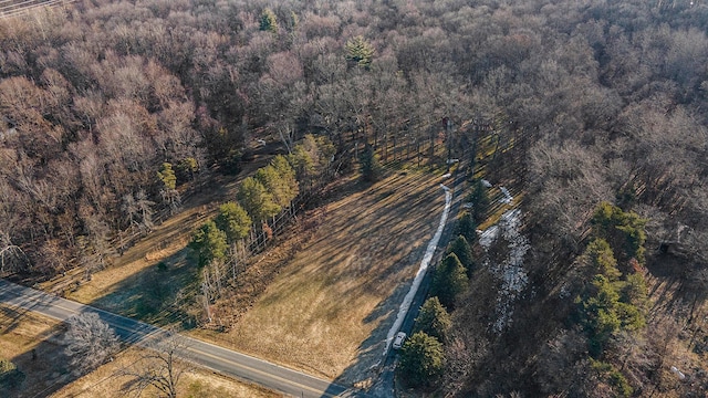 drone / aerial view with a wooded view