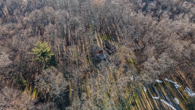 birds eye view of property featuring a wooded view