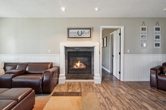 living area with a textured ceiling, wood finished floors, a wainscoted wall, and a premium fireplace