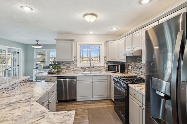 kitchen with dark wood-type flooring, a sink, under cabinet range hood, appliances with stainless steel finishes, and decorative backsplash