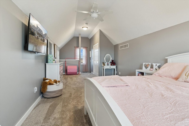 bedroom with visible vents, carpet floors, baseboards, ceiling fan, and vaulted ceiling