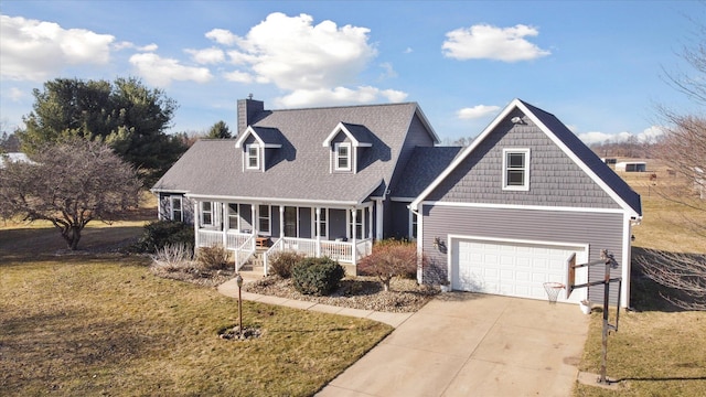 view of front of house featuring a porch, driveway, a chimney, and a front yard