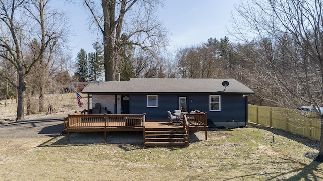 rear view of property with a deck, fence, and a shingled roof