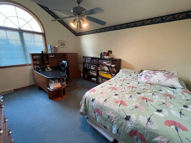 bedroom with baseboards, visible vents, lofted ceiling, ceiling fan, and carpet flooring