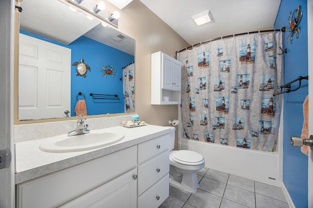 full bath featuring visible vents, toilet, shower / tub combo with curtain, tile patterned floors, and vanity