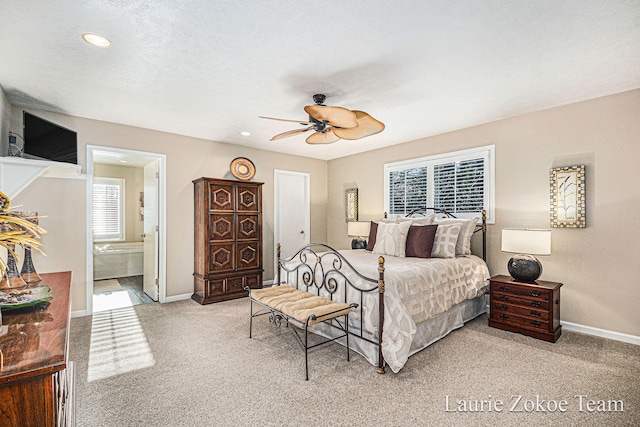 bedroom with ceiling fan, recessed lighting, baseboards, and light carpet