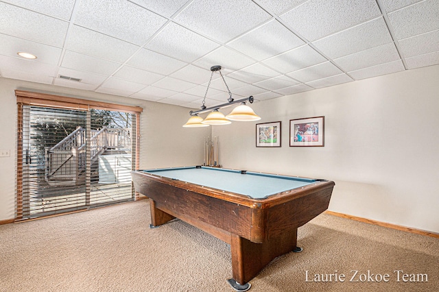 playroom with visible vents, baseboards, pool table, carpet flooring, and a paneled ceiling