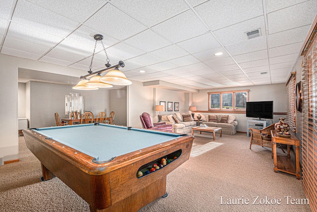 game room with billiards, a paneled ceiling, visible vents, and carpet floors