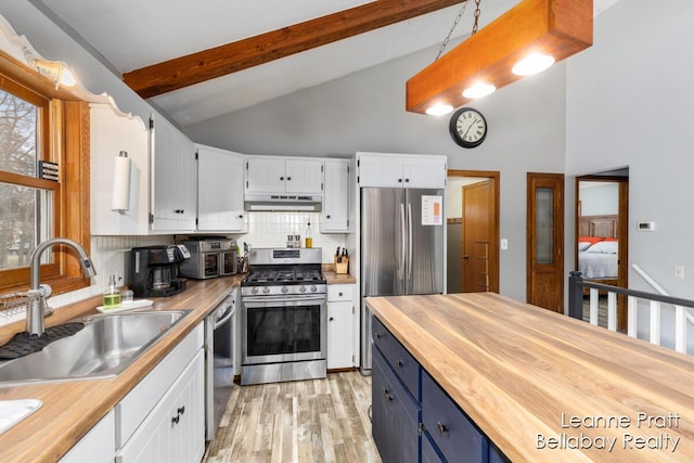 kitchen with a sink, under cabinet range hood, blue cabinetry, stainless steel appliances, and wooden counters