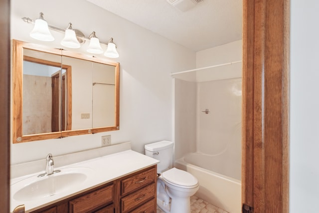 bathroom featuring vanity, shower / tub combination, toilet, and visible vents