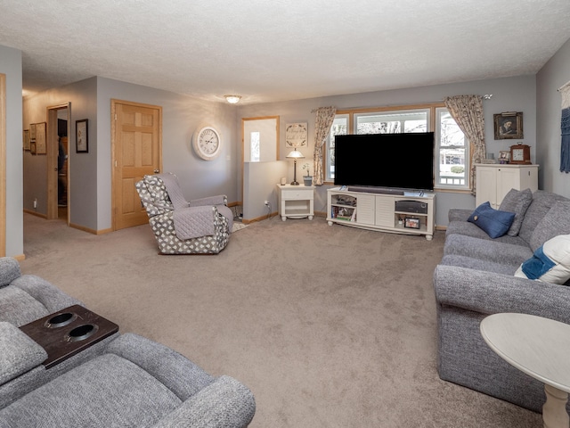 living room with baseboards, carpet, and a textured ceiling