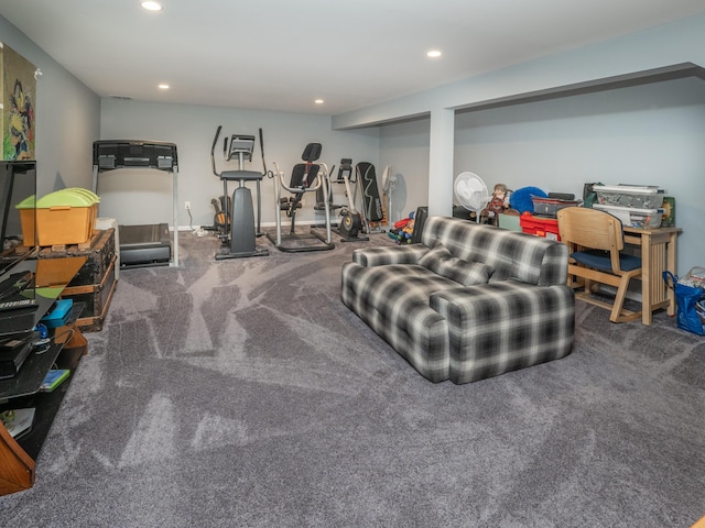 exercise area featuring recessed lighting and carpet floors