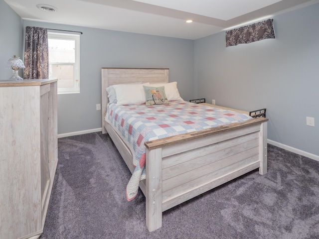 bedroom with recessed lighting, visible vents, carpet floors, and baseboards