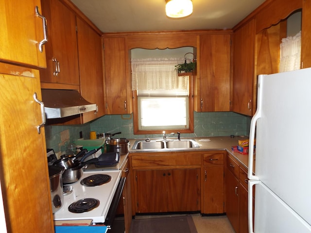 kitchen with under cabinet range hood, white appliances, brown cabinets, and a sink