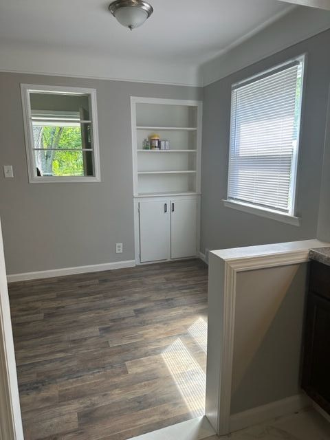 18635 Dale St, Detroit, MI 48219 - empty room featuring dark wood-type flooring, baseboards, and built in shelves