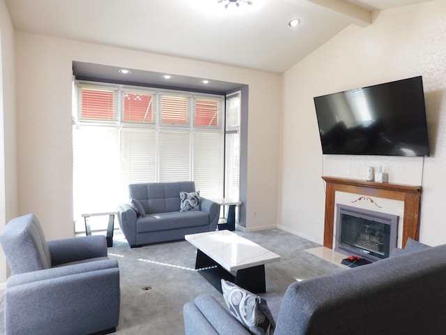 carpeted living room with recessed lighting, baseboards, a glass covered fireplace, and vaulted ceiling with beams