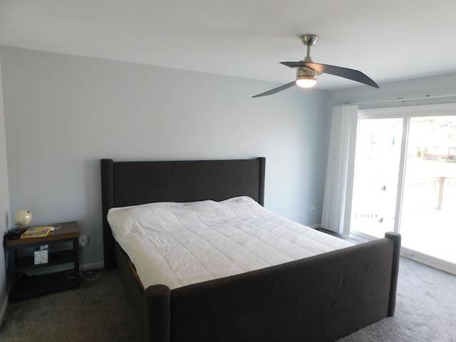 carpeted bedroom featuring a ceiling fan and access to outside