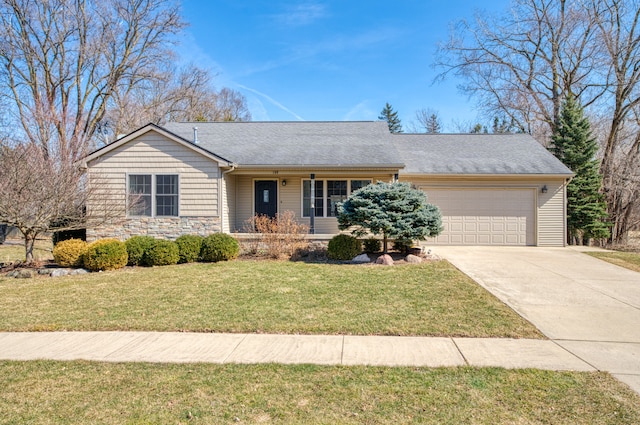 ranch-style house with stone siding, driveway, a front lawn, and a garage