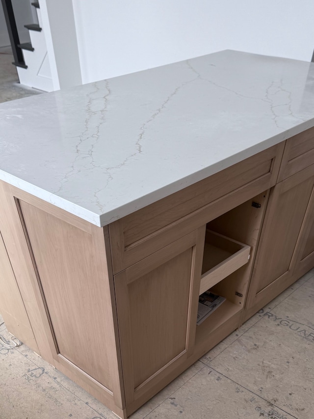 kitchen view of light stone countertops