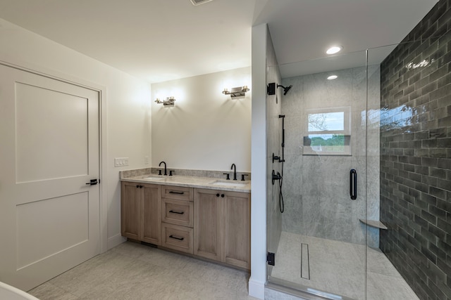 4107 Devon, Royal Oak, MI 48073 - bathroom with a shower stall, double vanity, and recessed lighting