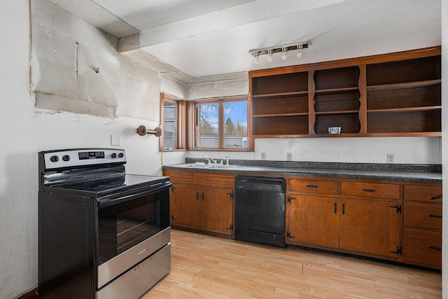 kitchen with stainless steel range with electric stovetop, open shelves, a sink, brown cabinetry, and dishwasher