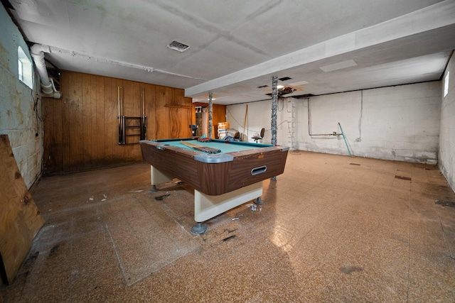 recreation room featuring tile patterned floors, pool table, and concrete block wall