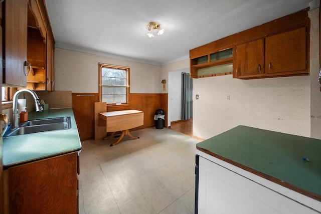 kitchen with brown cabinetry, a wainscoted wall, light floors, open shelves, and a sink