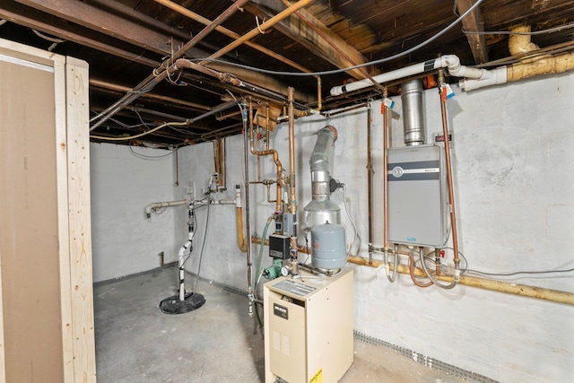 unfinished below grade area featuring a heating unit