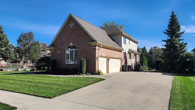 view of home's exterior with brick siding, a shingled roof, concrete driveway, a lawn, and a garage