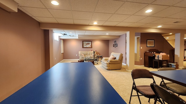 playroom with recessed lighting, baseboards, carpet floors, and a paneled ceiling