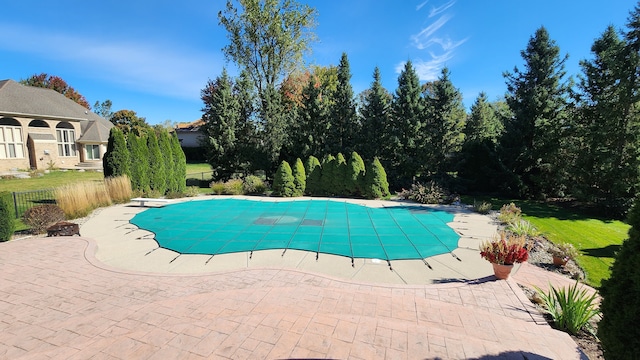 view of pool featuring a covered pool, a patio, and a diving board