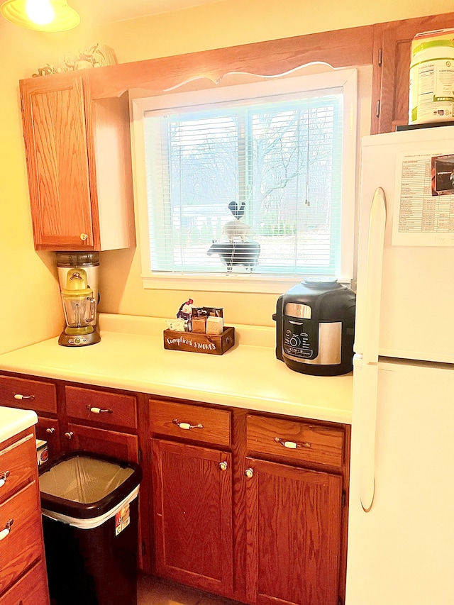 interior space featuring light countertops and freestanding refrigerator